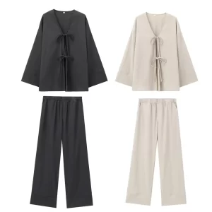 Autumn New Product Women's Texture Long Sleeve V-neck Shirt Straight Tube High Waist Pants Fashion Set