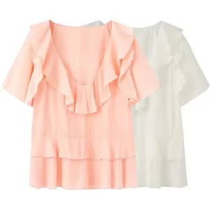 Stacked Decoration Summer New Women's Fashion Versatile V-neck Short sleeved Casual Shirt Top