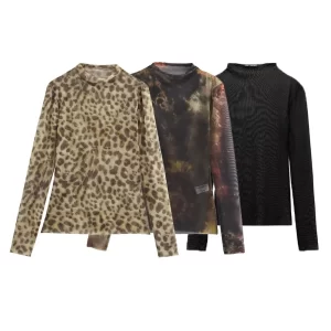 Autumn New Product Women's Half High Collar Silk Mesh Long Sleeve Round Collar Slimming Top with Thin Silk Base