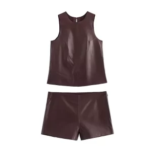 BMURHMZA Autumn New Product Women's Fashion Leather Simple Sleeveless Round Neck Top High Waist Shorts Casual Set