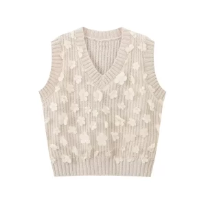 Autumn New Product Women's Loose Casual V-neck Sleeveless Flower Decorative Splicing Knitted Tank Top Sweater